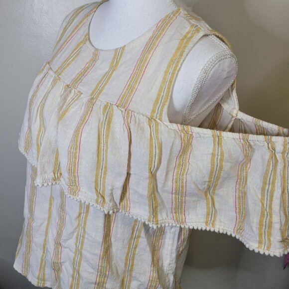 LC Lauren Conrad Cold Shoulder Peek a Boo Yellow Vertical Stripe Womens Large - Picture 1 of 10